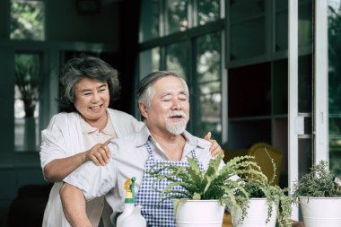 Yaşlı çiftler birlikte konuşuyor ve saksılara ağaç dikiyorlar..