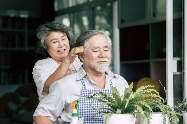 Yaşlı çiftler birlikte konuşuyor ve saksılara ağaç dikiyorlar..