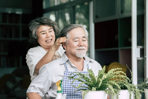 Yaşlı çiftler birlikte konuşuyor ve saksılara ağaç dikiyorlar..