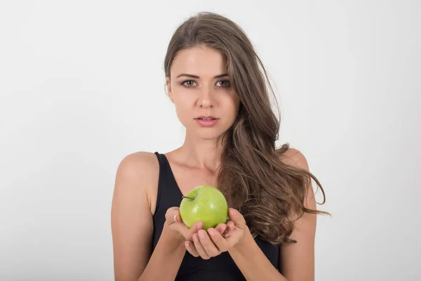 Schoonheid Vrouw Met Groene Appel Terwijl Geïsoleerd Wit — Stockfoto