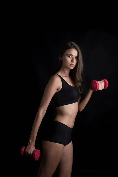 Portrait Young Beautiful Woman Making Physical Exercises Dumbbells — Stock Photo, Image