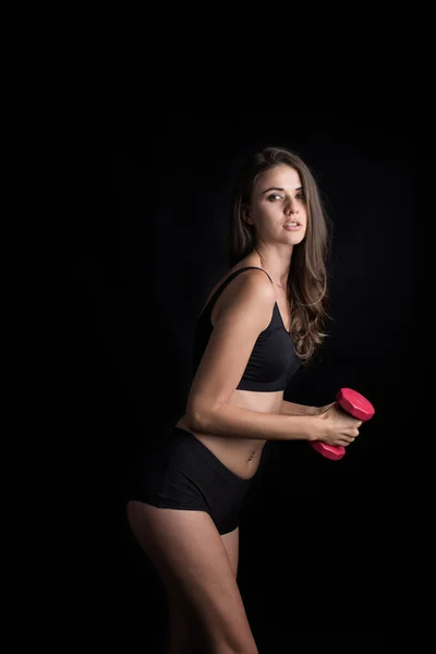 Retrato Jovem Bela Mulher Fazendo Exercícios Físicos Com Halteres — Fotografia de Stock