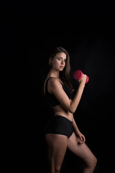 Portrait Young Beautiful Woman Making Physical Exercises Dumbbells — Stock Photo, Image