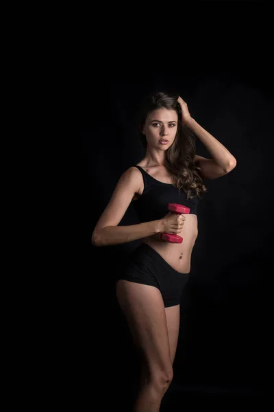 Retrato Jovem Bela Mulher Fazendo Exercícios Físicos Com Halteres — Fotografia de Stock