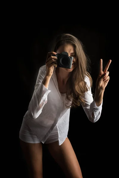 Fashion Portrait Young Woman Photographer Camera — Stock Photo, Image