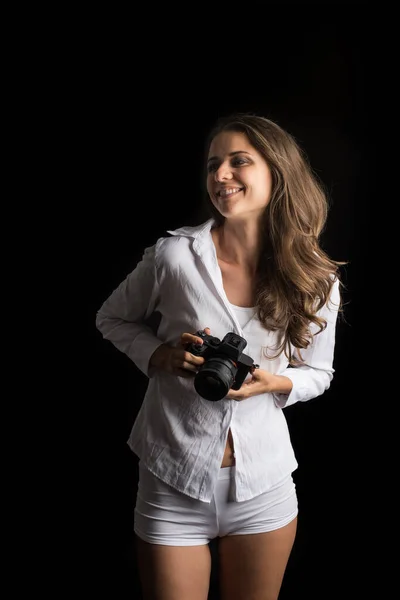 Retrato Moda Jovem Fotógrafo Mulher Com Câmera — Fotografia de Stock