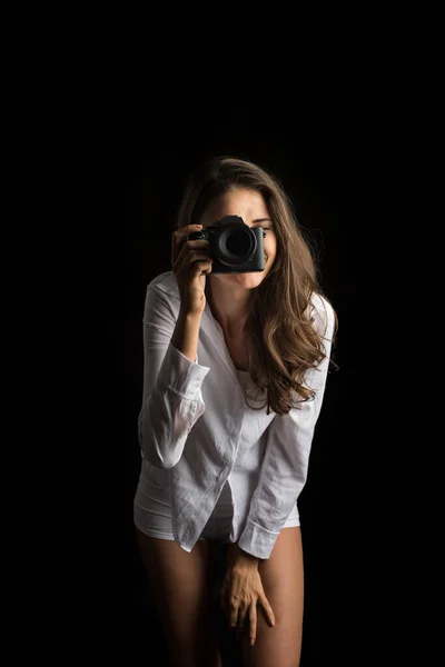 Fashion Portrait Young Woman Photographer Camera — Stock Photo, Image