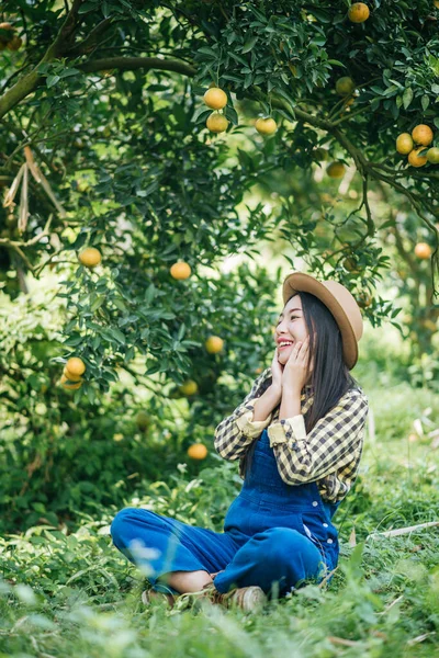 Kobieta Plantacją Pomarańczy — Zdjęcie stockowe