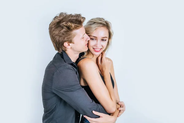 Portrait Happy Young Couple Love Together Studio — Stock Photo, Image