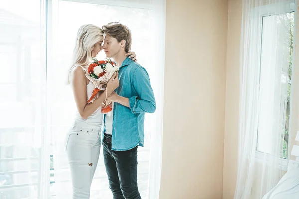 Happy Couple Playing Together Bedroom — Stock Photo, Image