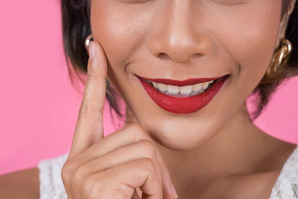 Close Fashion Woman Red Lips Big Smile — Stock Photo, Image