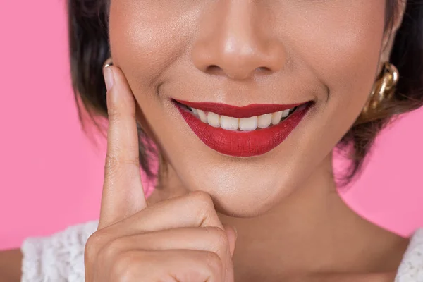Close Fashion Woman Red Lips Big Smile — Stock Photo, Image