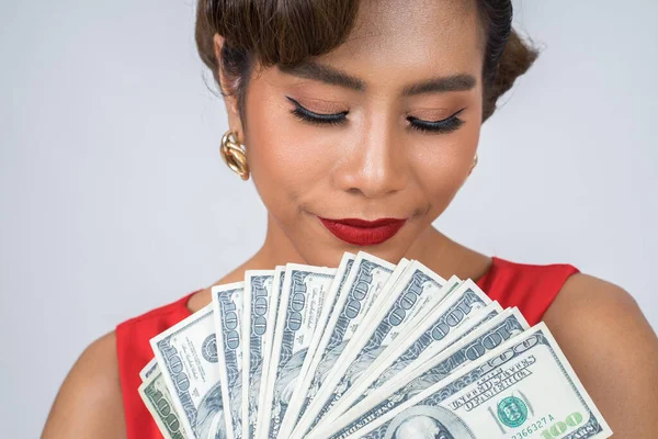 Happy Fashion Piękna Kobieta Ręka Trzymając Dolara Pieniądze — Zdjęcie stockowe