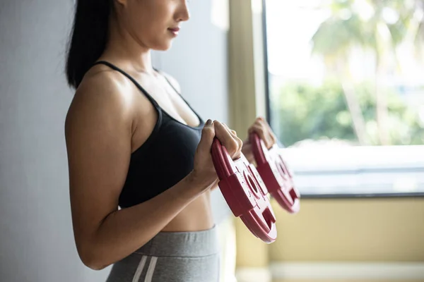 Mujeres Haciendo Ejercicio Con Dos Placas Peso Mancuerna — Foto de Stock