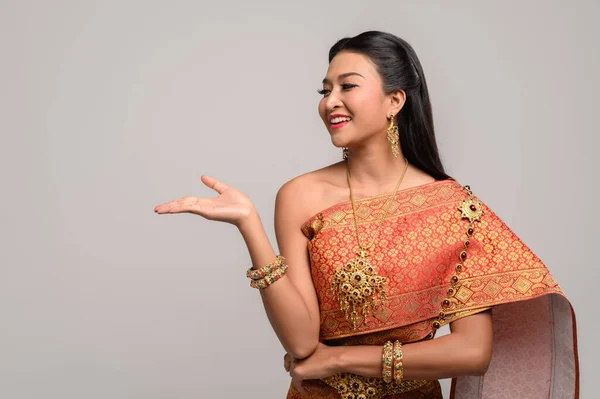 Woman Wearing Thai Dress Made Hand Symbol — Stock Photo, Image