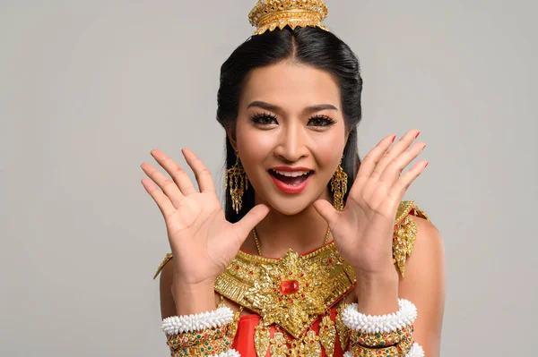 Woman Wearing Thai Dress Made Hand Symbol — Stock Photo, Image