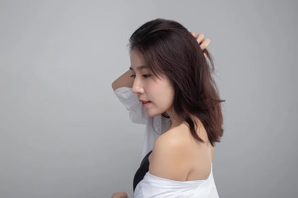 Woman Wears White Shirt Hands Touch Her Hair — Stock Photo, Image