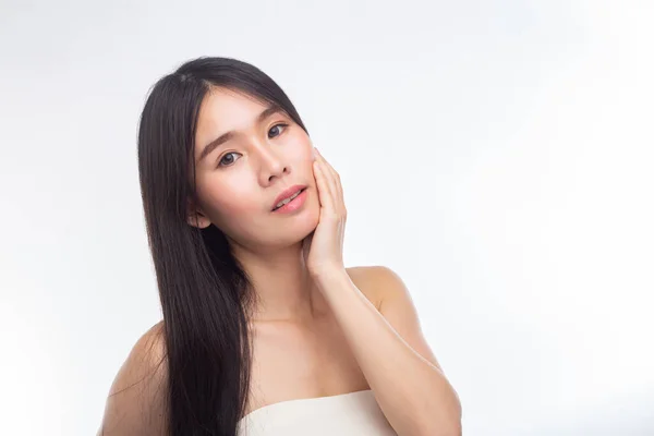 Woman Wore White Strapless Dress Hands Touch Her Face — Stock Photo, Image