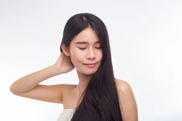 Woman Wearing White Strapless Tops Hands Touch Her Hair — Stock Photo, Image