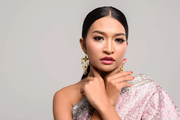 Women Wearing Thai Clothes Hands Touching Faces — Stock Photo, Image