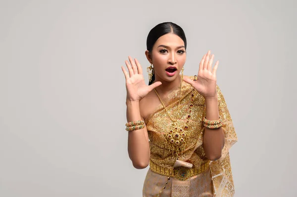 Women Wear Thai Clothes Open Hands Both Sides — Stock Photo, Image