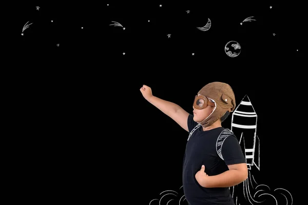Jongen Doet Alsof Hij Een Superheld Speelt Als Astronaut Tekenconcept — Stockfoto