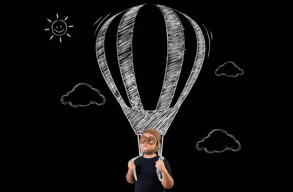 Jongen Doet Alsof Hij Een Superheld Vliegt Met Een Ballon — Stockfoto