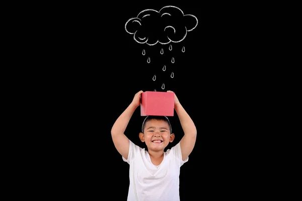 Niño Sorprendió Con Una Caja Regalo Roja Dibujo Pizarra —  Fotos de Stock