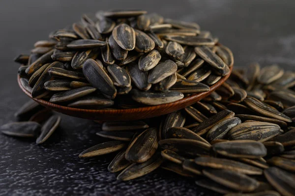 Sun Flower Seed Wooden Bowl Black Cement Floor Selective Focus — Stock Photo, Image