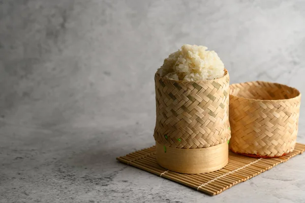 Thai Sticky Rice Woven Bamboo Basket Wooden Panel Selective Focus — Stock Photo, Image