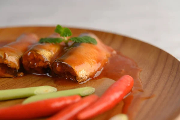 Selective Focus Canned Sardine Tomato Sauce Pepermint Top Cooking Ingredient — Stock Photo, Image