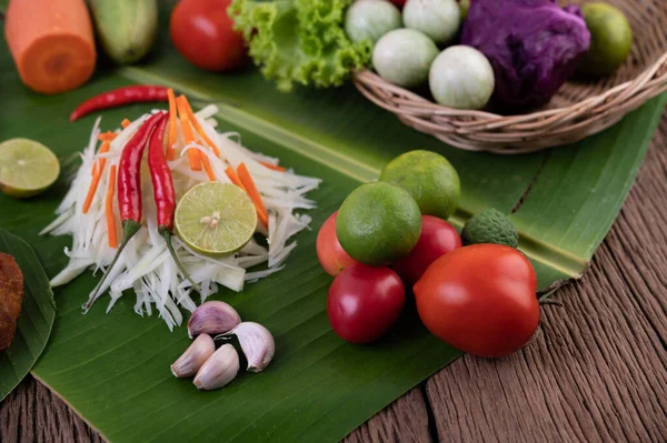 Som Tam Thai Ингредиенты Салата Папайя Тайский Стиль Питания Деревянном — стоковое фото