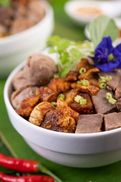 Yellow Noodles Cup Crispy Pork Slices Pork Meatballs Together Thai Royalty Free Stock Images