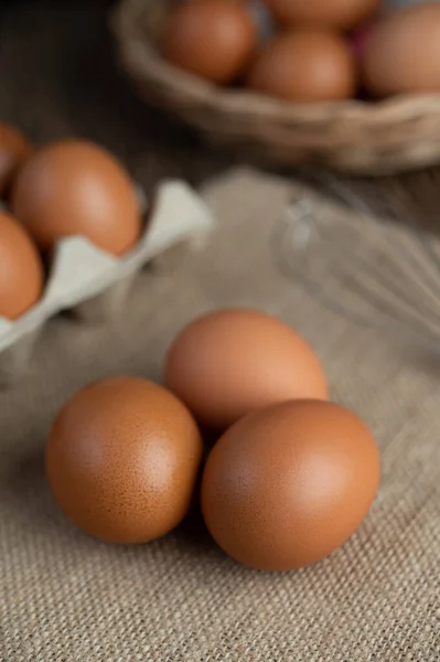 Eggs Floor Hemp Sacks Selective Focus — Stock Photo, Image