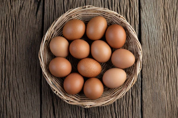 Lay Eggs Wooden Basket Wooden Floor Top View — Stock Photo, Image