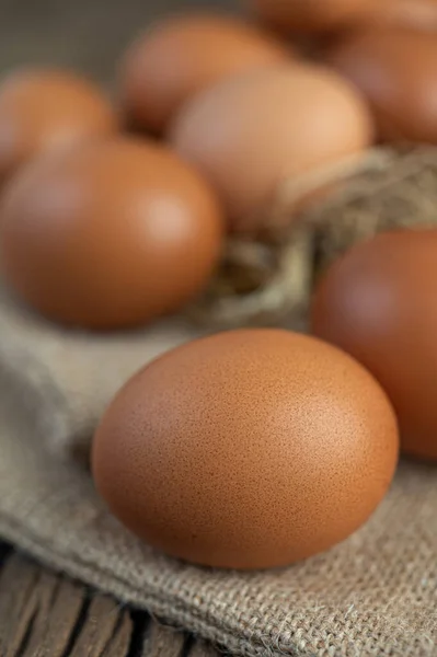 Eggs Sacks Hemp Wooden Straw Selective Focus — Stock Photo, Image