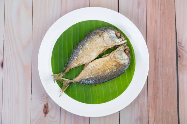 Fried Mackerel Placed White Plate Wooden Floor — Stock Photo, Image