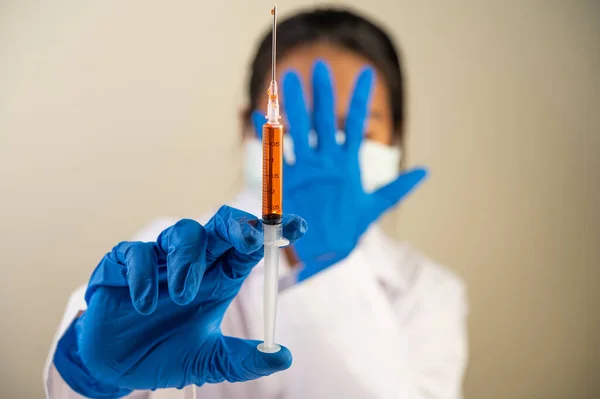 Scientists Wearing Masks Gloves Holding Syringe Vaccine Prevent Covid — Stock Photo, Image
