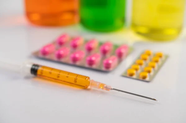 Medicine Panels Syringes Beakers Placed Floor Selective Focus — Stock Photo, Image