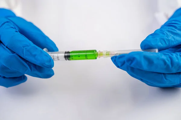 Scientists Wearing Masks Gloves Holding Syringe Vaccine Prevent Covic — Stock Photo, Image