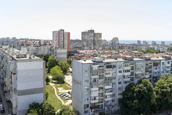 Aerial view of urban area. Residential buildings, street, cars in Eastern Europe.