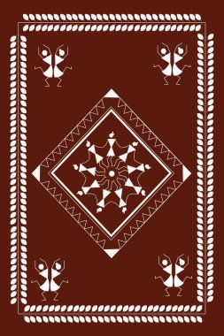 Hint Geleneksel ve Kültürel Warli dijital sanatı koyu kahverengi arka planda izole edilmiştir - vektör illüstrasyonu