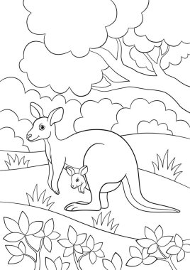 Boyama sayfaları. Onun küçük şirin bebek ile anne kanguru.