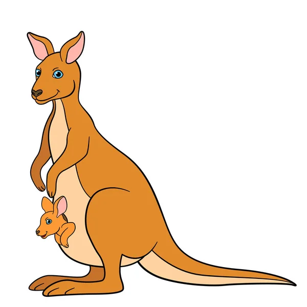 Karikatür Hayvanlar Onun Küçük Şirin Bebek Kanguru Ile Anne Kanguru — Stok Vektör