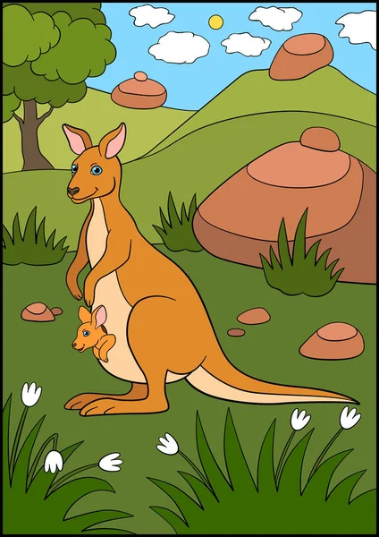 Zeichentricktiere Mutter Känguru Mit Ihrem Kleinen Süßen Baby Känguru — Stockvektor
