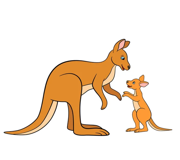 Cartoon Animals Mother Kangaroo Her Little Cute Baby Kangaroo — Stock Vector
