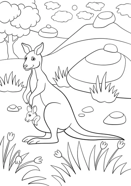 Coloring Pages Mother Kangaroo Her Little Cute Baby — Stock Vector