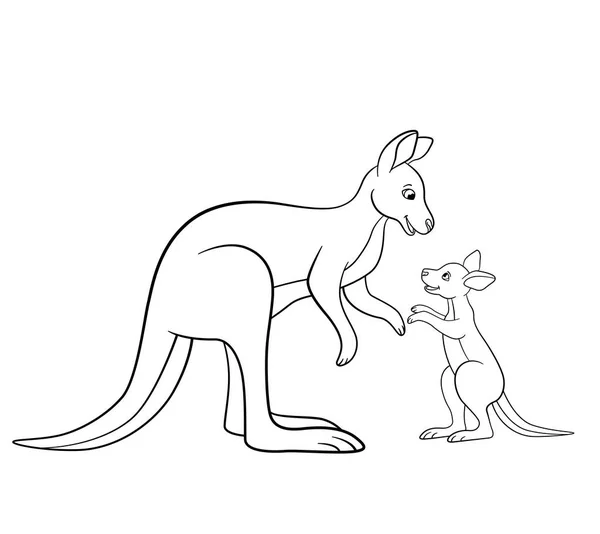 Coloring Pages Mother Kangaroo Her Little Cute Baby — Stock Vector