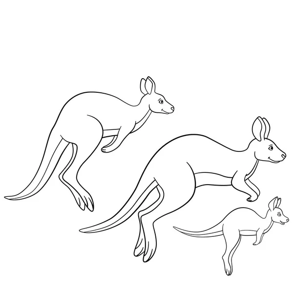 Coloring Pages Kangaroo Family Runs Smiles — Stock Vector