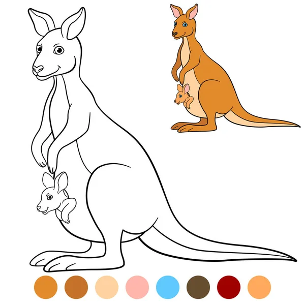 Mich Färben Känguru Mutter Känguru Mit Ihrem Kleinen Süßen Baby — Stockvektor